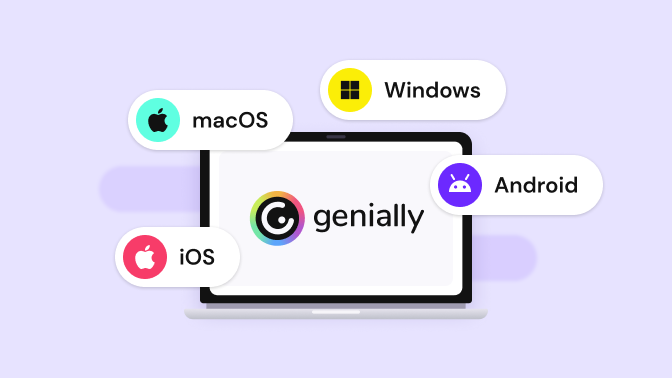 Laptop mit dem Genially-Logo, umgeben von den Plattformen, auf denen Genially Viewer verfügbar ist: macOS, Windows, Android und iOS